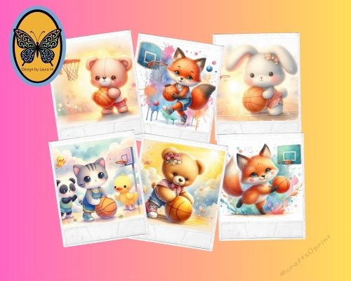 Kit 6 Watercolor Pastel Animals Playing Basketball   Cute Whimsical JPEG Set