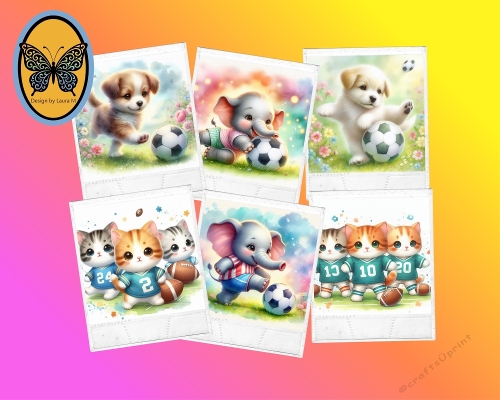 Kit 6 Watercolor Animals Playing Soccer – Cute Pastel Digital Collage JPEG Set