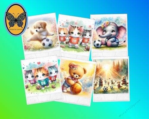Kit 6 Watercolor Animals Playing Soccer   Cute Pastel Digital Collage JPEG Set
