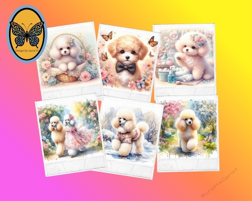 Kit 6 Watercolor Poodle Puppies  Cute Floral Outfits Digital Collage JPEG Set