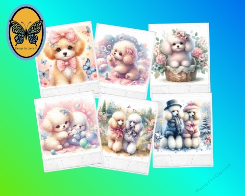 Kit 6 Watercolor Poodle Dreams  Pastel Dogs with Flowers and Butterflies JPEG Set