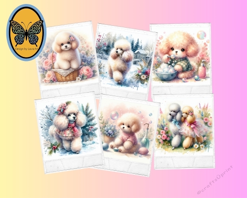 Kit 6 Watercolor White Poodles  Pastel Flowers, Bubbles and Snow JPEG Set