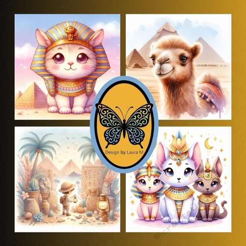 Kit 4 Watercolor Egyptian Animals  Cat, Camel and Mice Pastel Collage JPEG Set