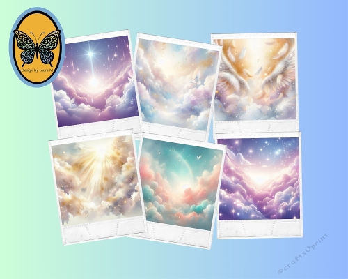 Kit 6 Watercolor Dreamy Skies  Pastel Clouds and Sunbeams Collage JPEG Set
