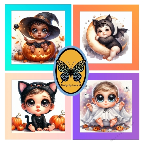 Cute Baby Halloween Costumes Collage  Witch, Bat, Pumpkin & Ghost | Vibrant Digital Art