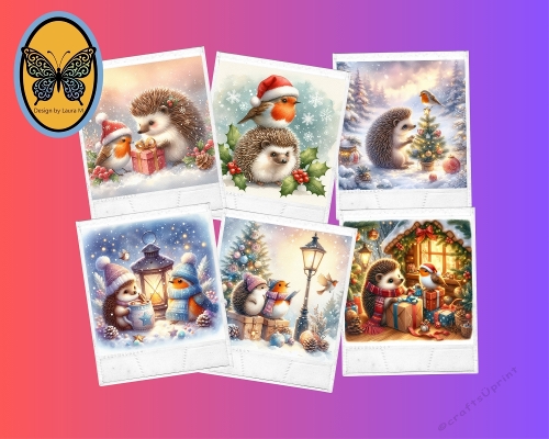 Kit 6 Watercolor Christmas Hedgehogs   Festive Holiday Scenes JPEG Set
