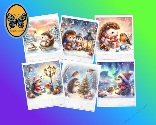 Kit 6 Watercolor Winter Hedgehogs  Cute Festive Holiday Scenes JPEG Set
