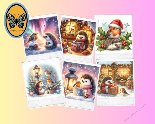 Kit 6 Watercolor Christmas Hedgehogs  Cute Festive Pastel Scenes JPEG Set