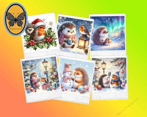 Kit 6 Watercolor Winter Hedgehogs   Festive Christmas Trees and Lanterns JPEG Set