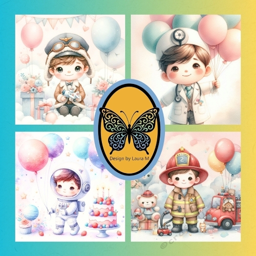 Whimsical Chibi Kids in Costumes  Cute Astronaut, Fireman, Doctor & Aviator Party Illustrations (4 JPEG
