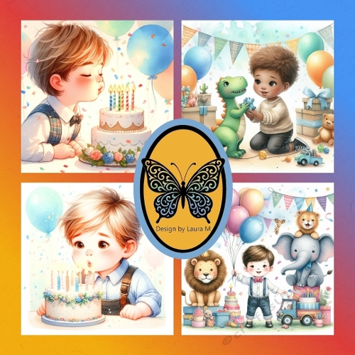 Whimsical Birthday Boys  Vibrant Watercolor Illustrations with Balloons, Animals & Festive Decorations  