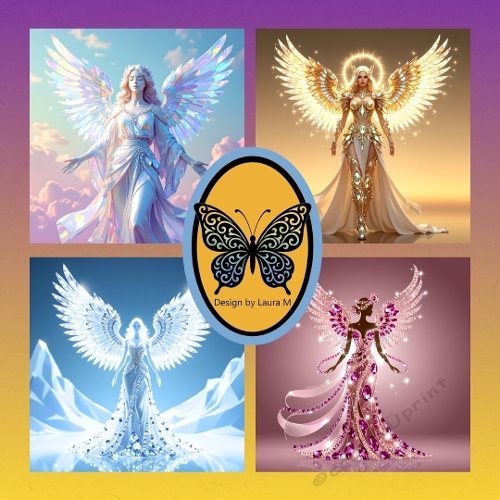 Heavenly Angels Collage   4 Glowing Angel Art Prints with Ornate Wings & Halos