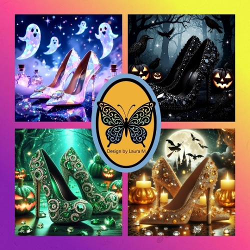 Glamorous Halloween Heels Collage  Sparkling High Heels with Pumpkins, Bats & Moonlit Forest 