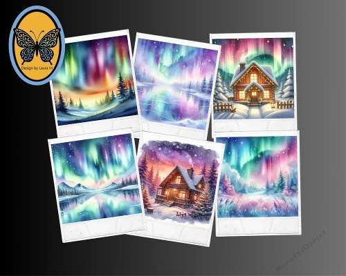 Vibrant Aurora Borealis Polaroid Watercolor Set Northern Lights Over Snowy Cabins and Pine Forests