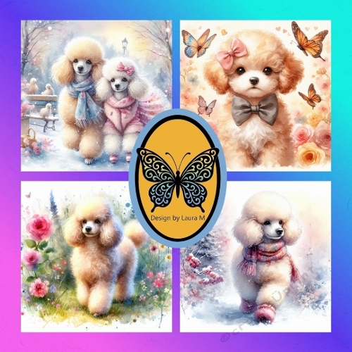 Whimsical Watercolor Poodles  Adorable Fluffy Dogs with Butterflies, Flowers & Seasonal Scarves (4 JPEGs)