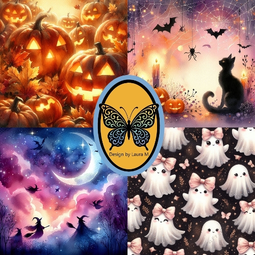 Halloween Whimsical Digital Collage – Pumpkins, Bats, Ghosts & Magical Night Sky