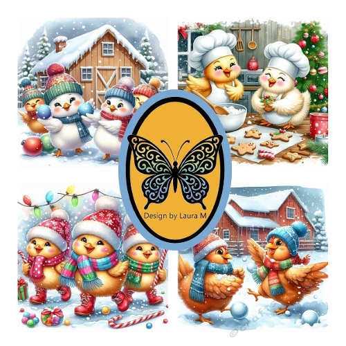 Whimsical Winter Chickens Digital Collage – Festive Baking & Snowy Village Scenes