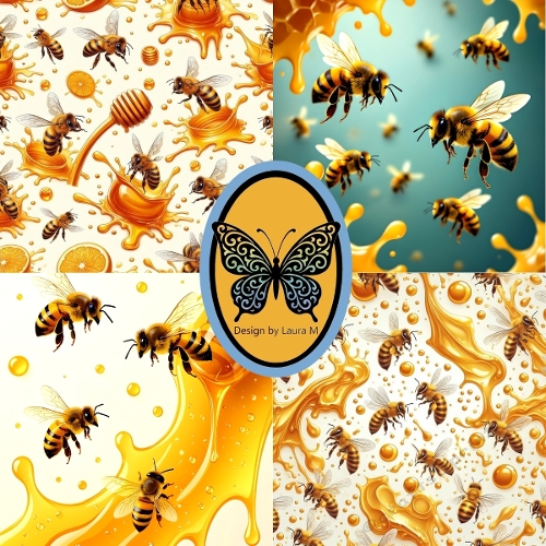 Bees and Honey Digital Collage – Vibrant Honeycomb & Flying Bees Illustrations