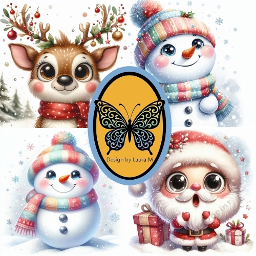 Festive Holiday Animals Digital Collage – Watercolor Deer, Snowman, Penguin & Santa