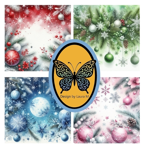 Watercolor Christmas Ornaments Digital Collage – Festive Red, Green, Blue & Pink Scenes