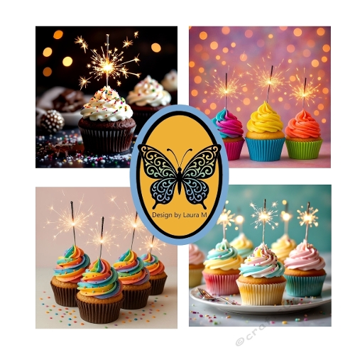 Colorful Cupcakes Digital Collage – Swirled Frosting with Sparklers & Bokeh Background