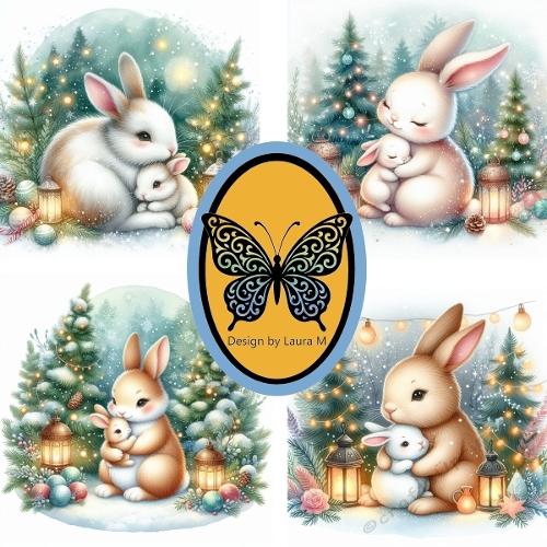 Whimsical Bunny Winter Digital Collage – Cute Fluffy Bunnies with Snowy Pine Scenes