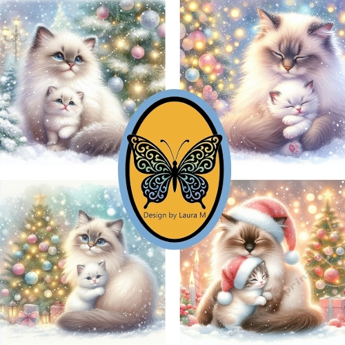 Fluffy Siamese Cat & Kitten Christmas Digital Illustration – Cozy Holiday Scene