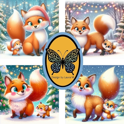 Whimsical Red Fox Family Christmas Digital Illustration – Festive Winter Forest