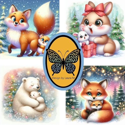 Whimsical Animal Family Digital Collage – Foxes, Bunny & Bear Scenes
