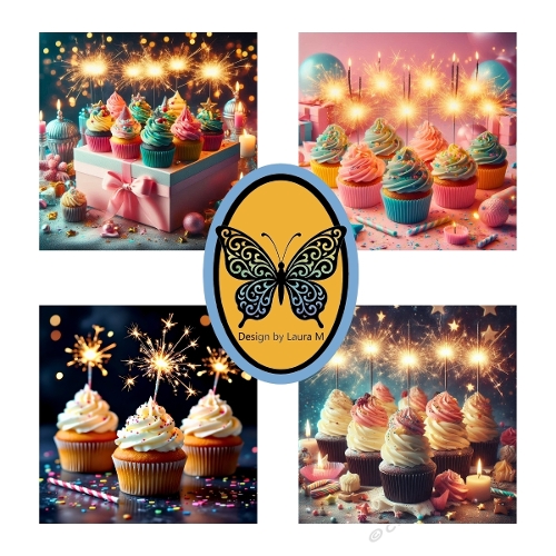 Festive Cupcakes Digital Collage – Pastel Frosting, Sparklers & Ribbon Decorations
