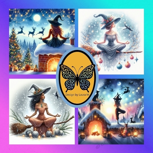 Magical Women Digital Collage – Witch, Broomstick, Meditation & Santa Hat Scenes