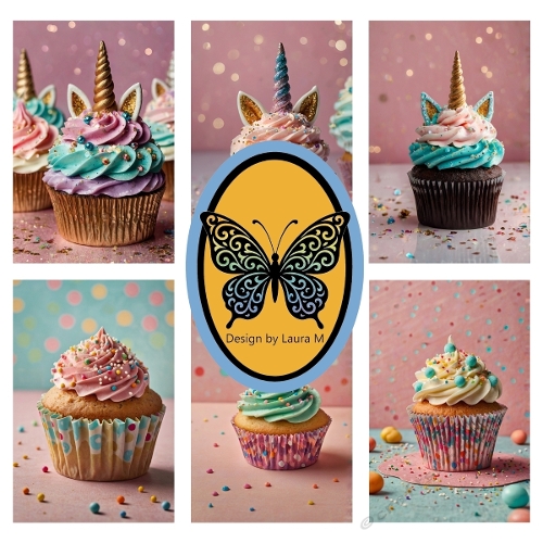 Magical Unicorn Cupcake Collage – Colorful Frosted Cupcakes with Edible Horns, 6-Image Pink Polka Dot Background, 1200x1200 JPEG