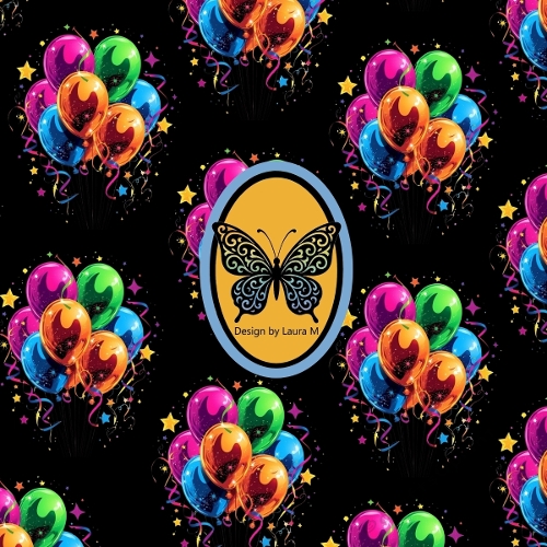 Colorful Balloon Seamless Pattern – Pink, Green & Blue Balloons with Stars and Confetti on Black Background, 1200x1200 JPEG, Party Celebration Design