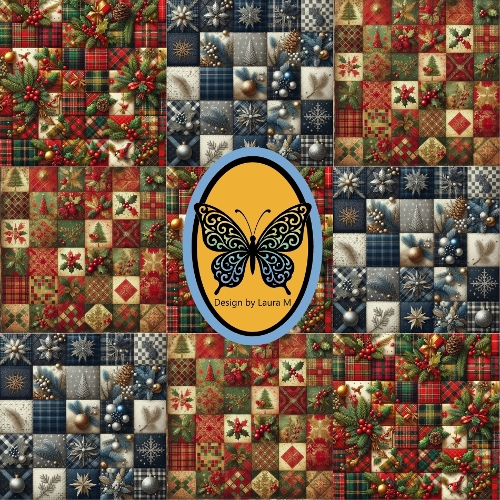 Christmas Quilt Seamless Pattern – Festive Pinecones, Holly, Snowflakes, Ornaments & Plaid in Red, Green, Blue & Gold, 1900x1900 JPEG