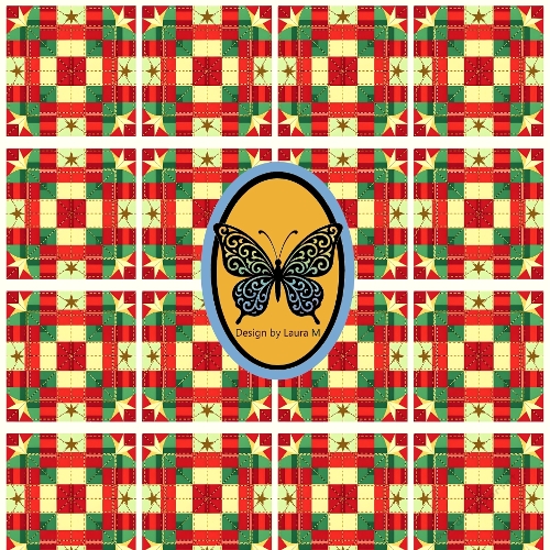 Christmas Patchwork Seamless Pattern – Red & Green Stars and Diamonds on Yellow Background, Festive Geometric Design, 1900x1900 JPEG