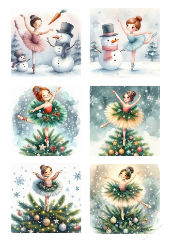 Christmas Ballet Watercolor Illustrations – 6 Festive Dancers with Snowmen, Pine Trees & Ornaments, Pink & Blue Tutus, Winter Wonderland A4 JPEG
