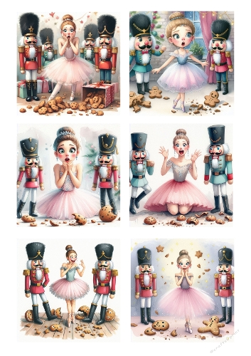 Whimsical Nutcracker Ballet Watercolor – Pink Tulle Dancer with Nutcracker Soldiers & Cookies, Festive Christmas A4 JPEG Illustration