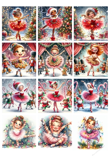 Christmas Ballet Digital Collage – Festive Dancers in Snowy Scenes, Holiday Costumes, Joyful Winter A4 JPEG Illustration