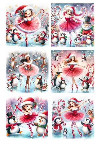 Christmas Ballerina Digital Illustrations – 6 Festive Scenes with Pink Tutu, Santa Hat, Penguins, Reindeer & Candy Canes, Snowy Starry Background