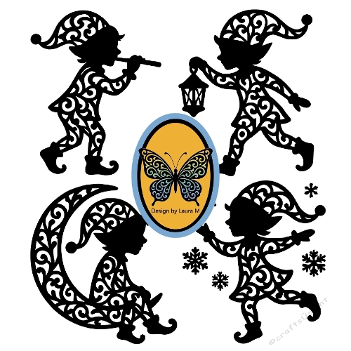 Set of 4 Lace-Style Christmas Elf Silhouette Cutting Dies | Elegant Filigree Winter Elves Clipart | Flute, Lantern, Moon & Snowflake Designs