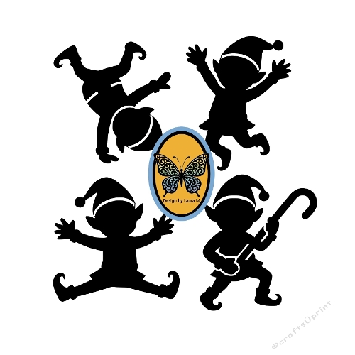 Set of 4 Funny Dancing Christmas Elf Silhouettes | Breakdancing, Jumping, Splits & Candy Cane Guitar | One-Piece Solid Vector Cut Files