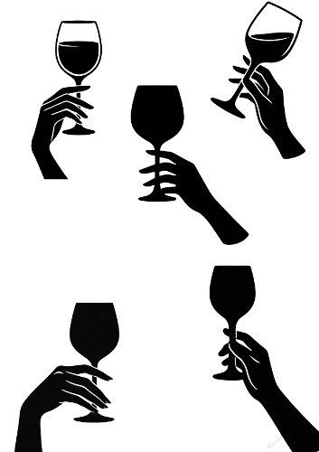 A4 Collage JPEG   Five Black Silhouette Hands Holding Wine Glasses  Minimalist Circular Vector-Style Design