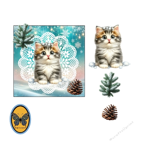 3D Christmas Card  Adorable Watercolor Kitten on White Doily with Pinecone and Pine Branch Background  