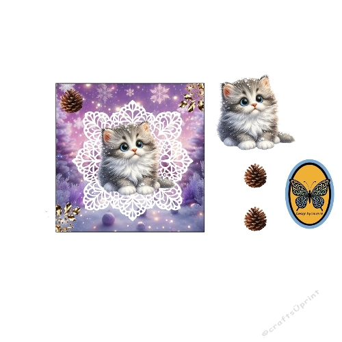 3D Christmas Card – Adorable Watercolor Kitten on White Doily with Pinecone and Pine Branch Background Digital Download