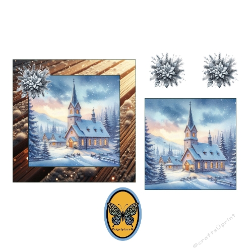 3D Snowy Church at Dusk Card   Silver Poinsettia Winter Scene