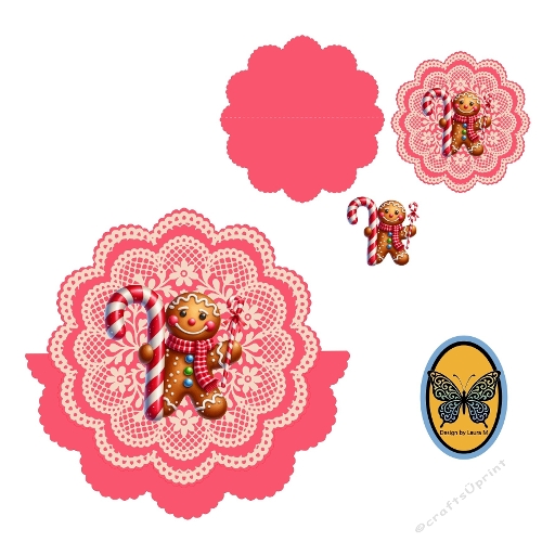 3D Festive Gingerbread Man Card   Candy Cane & Red Checkered Scarf on Pink Lace