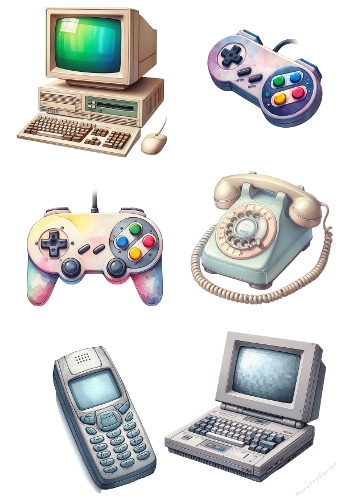 Retro Tech Clip Art Set  Vintage Computer Accessories & Devices  A4 Digital JPEG