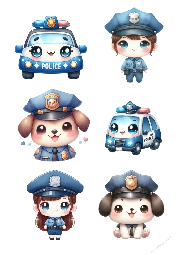 Cute Chibi Police Collage   Watercolor Illustration of Officers & Police Cars   A4 Digital JPEG