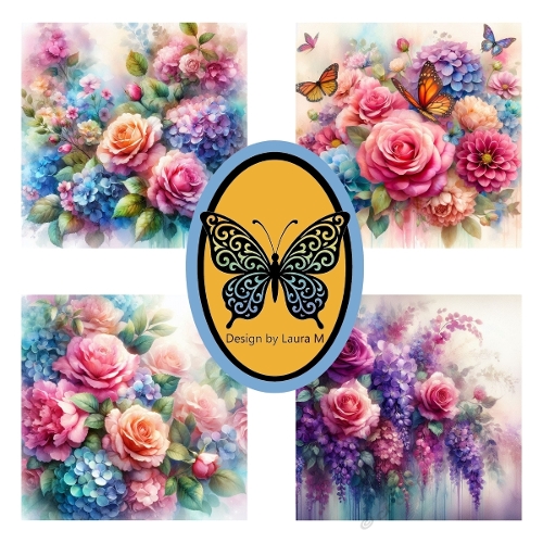 Pastel Roses & Butterflies Watercolor Kit – 4 Dreamy Floral Illustrations for Cards, Prints & Crafts