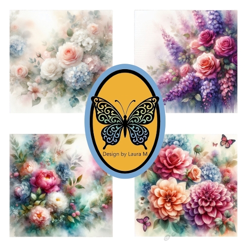 Pastel Floral Collage Watercolor Kit – Roses, Hydrangeas & Daisies with Butterflies for Dreamy Designs